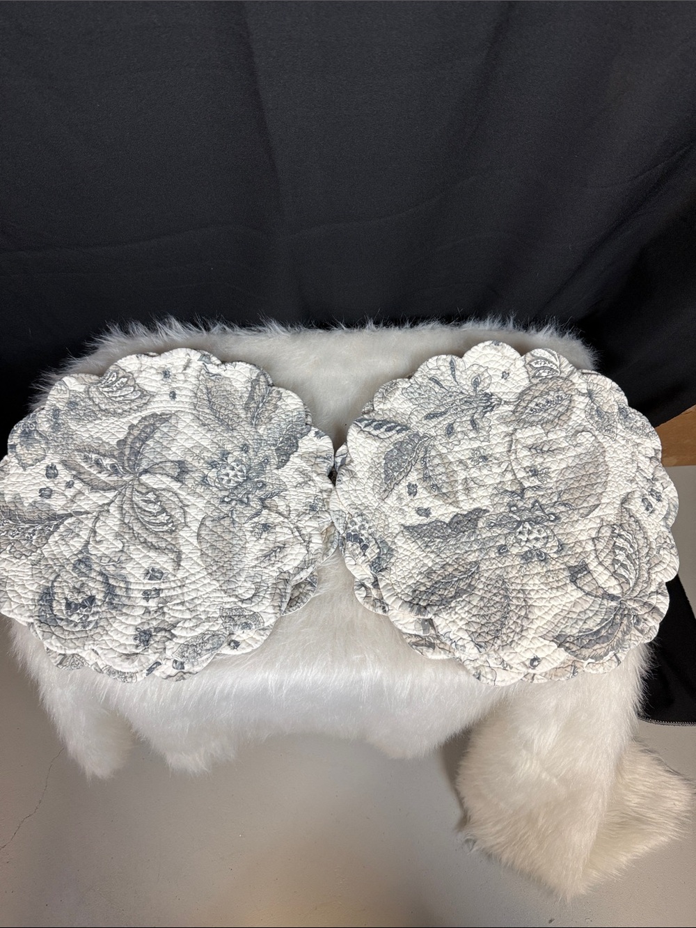 C & F Quilted Floral Scallop-Edge Round Placemats in Light Gray set of 8